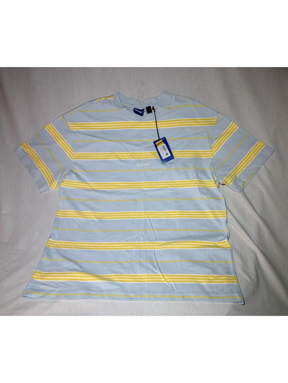 HUGO Men's L Light Blue/Yellow Crew Neck Short Sleeve Striped Logo Tee
